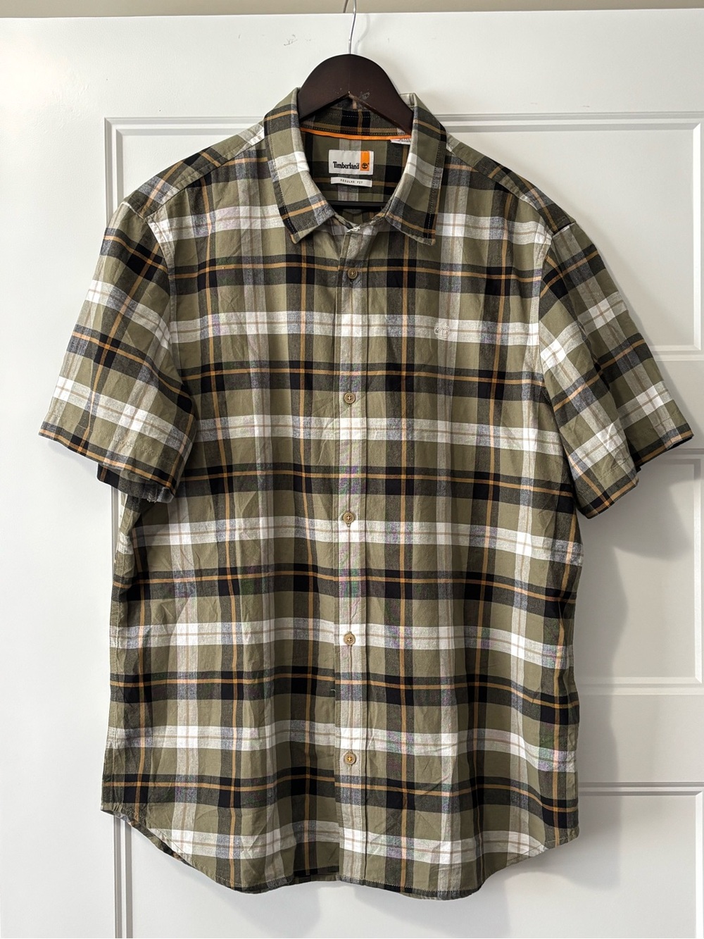 Timberland Olive and White Plaid Short-Sleeve Button-Up Shirt